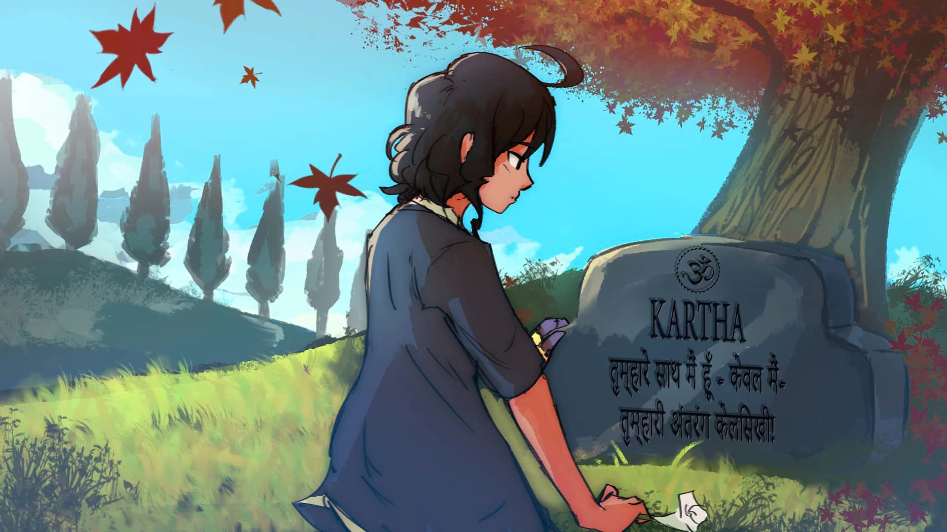 A scene of Alex Kartha kneeling at the gravestone of her parents in Cautionary Tale